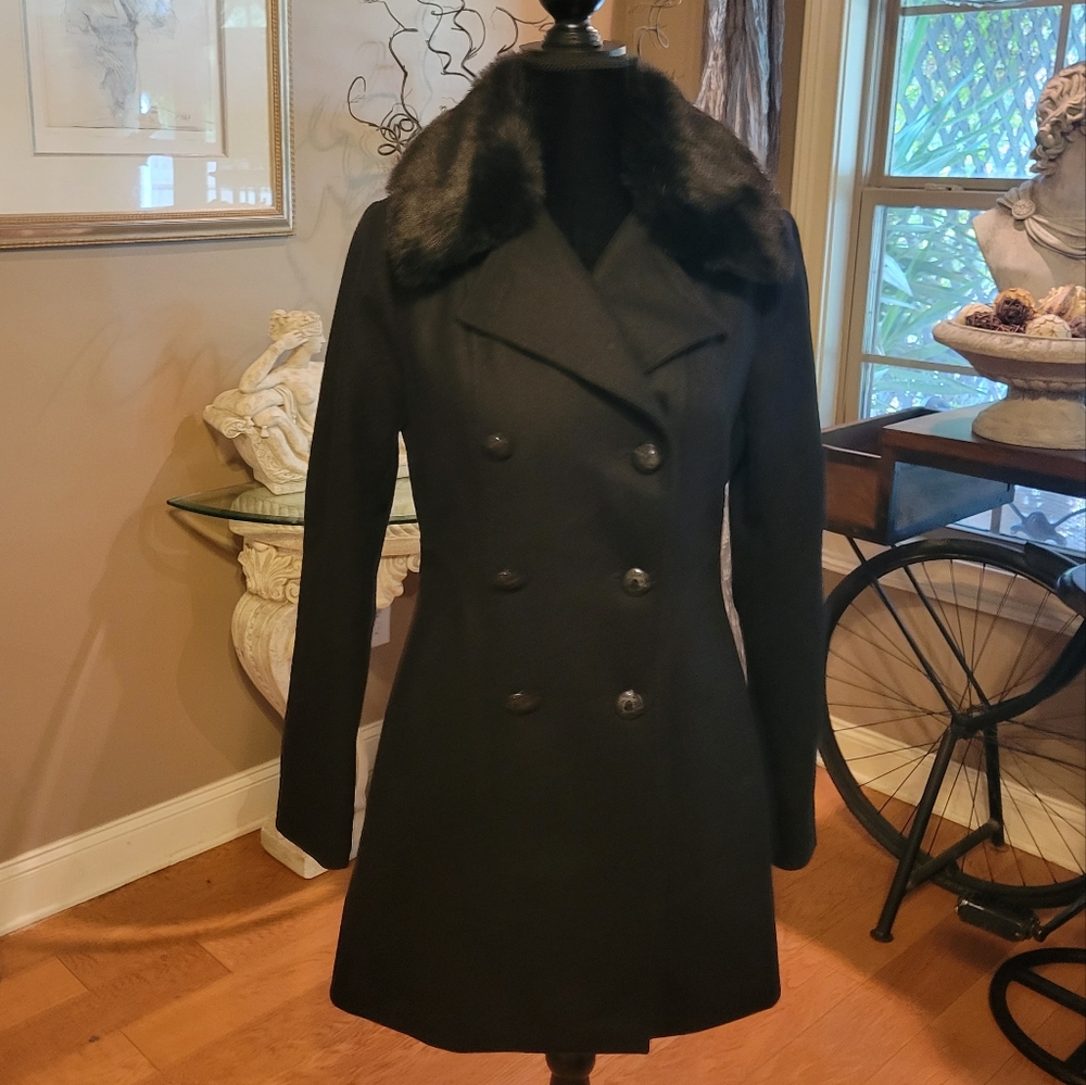 INC Internatio Double Breasted Wool Blend Faux Fur Collar Peacoat in size Small